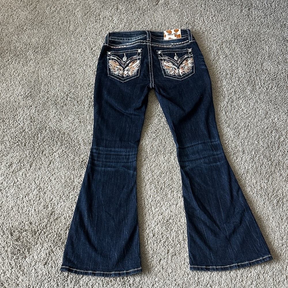 Miss Me Navy Flare Jeans with Butterfly Embroidery